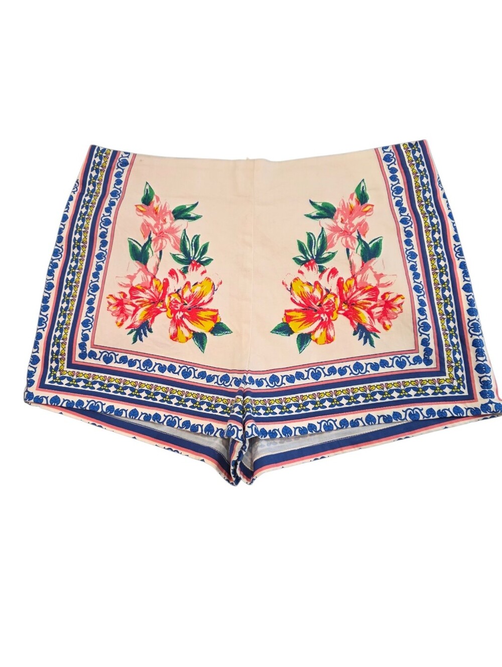 Flying Tomato Floral High-Waist Shorts with Blue Border Size Medium